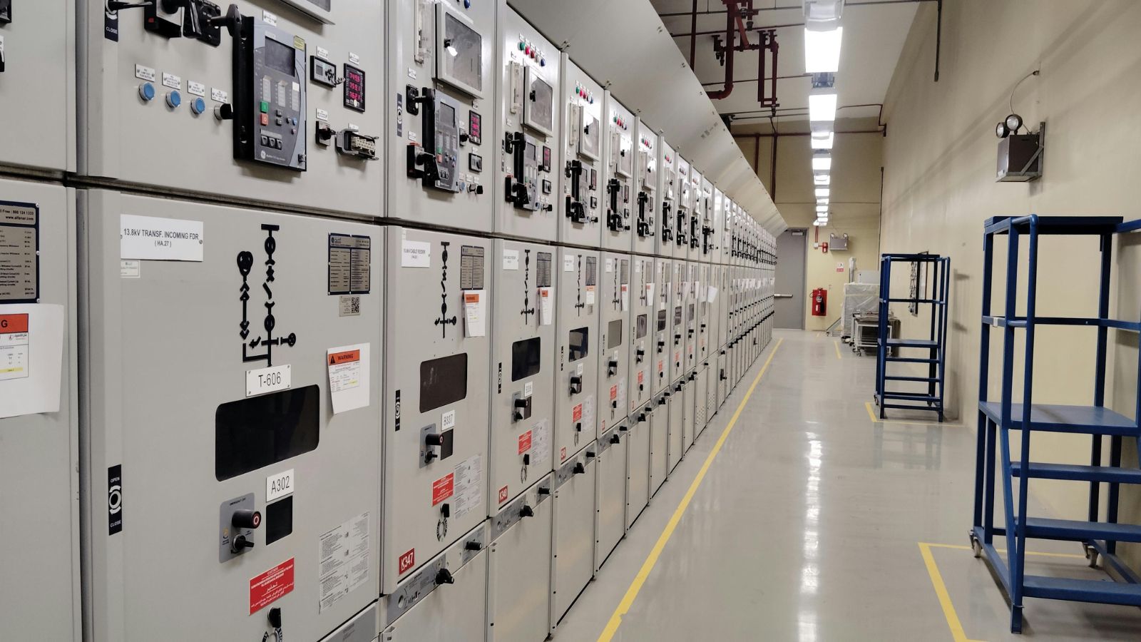 Rows of electrical switchgear in a commercial building's mechanical room